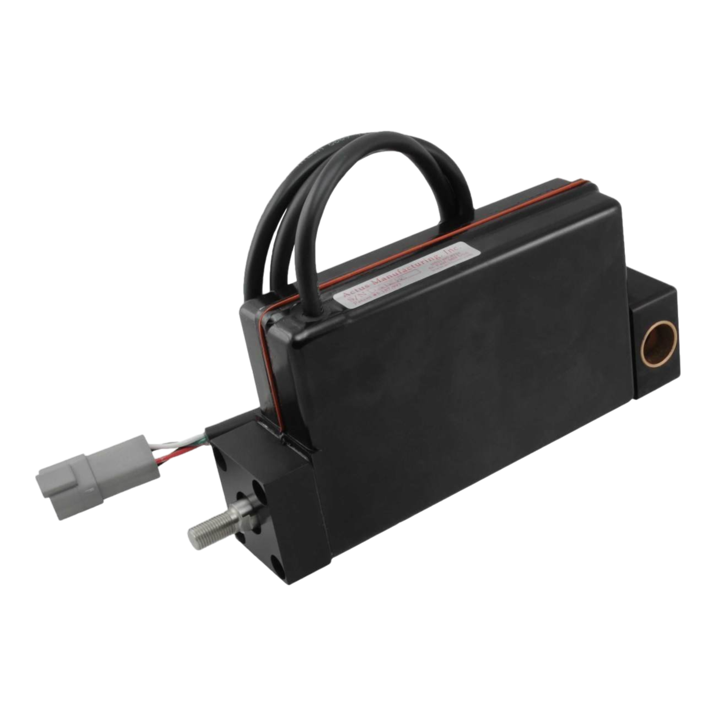 The Lodar Replacement Electric Actuator, a black electronic device from Actus, includes multiple cables and a gray connector, making it perfect for integrating into the Lodar wireless electric actuator systems.