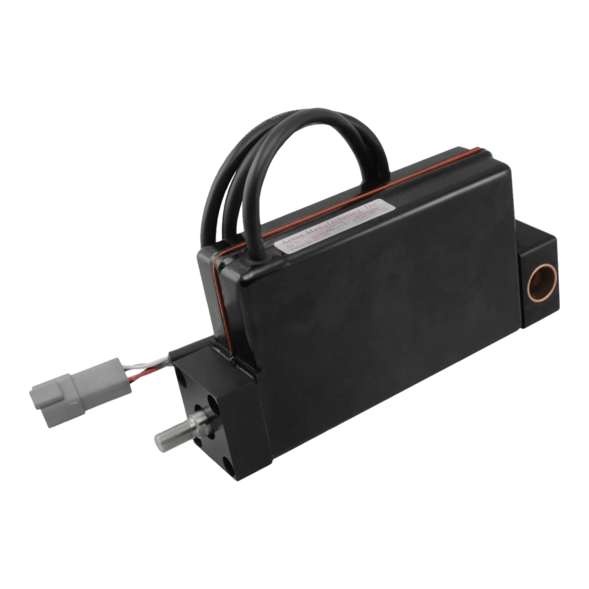 The Lodar Replacement Electric Actuator, a black electronic device from Actus, includes multiple cables and a gray connector, making it perfect for integrating into the Lodar wireless electric actuator systems.
