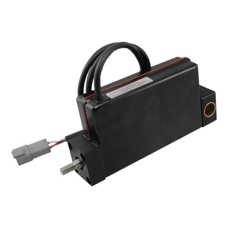 The Lodar Replacement Electric Actuator, a black electronic device from Actus, includes multiple cables and a gray connector, making it perfect for integrating into the Lodar wireless electric actuator systems.