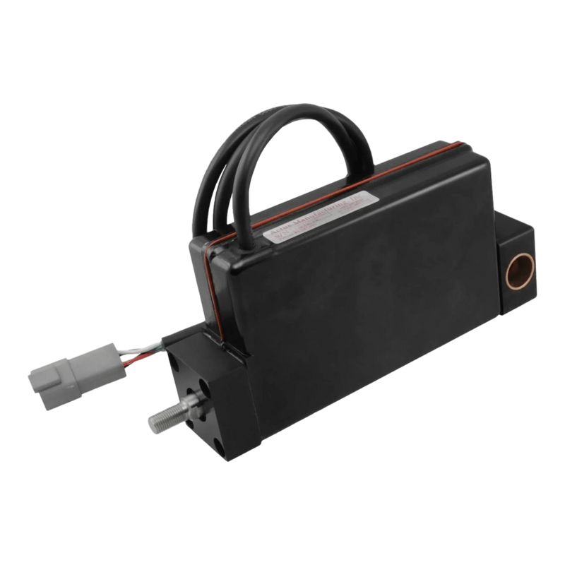 The Lodar Replacement Electric Actuator, a black electronic device from Actus, includes multiple cables and a gray connector, making it perfect for integrating into the Lodar wireless electric actuator systems.