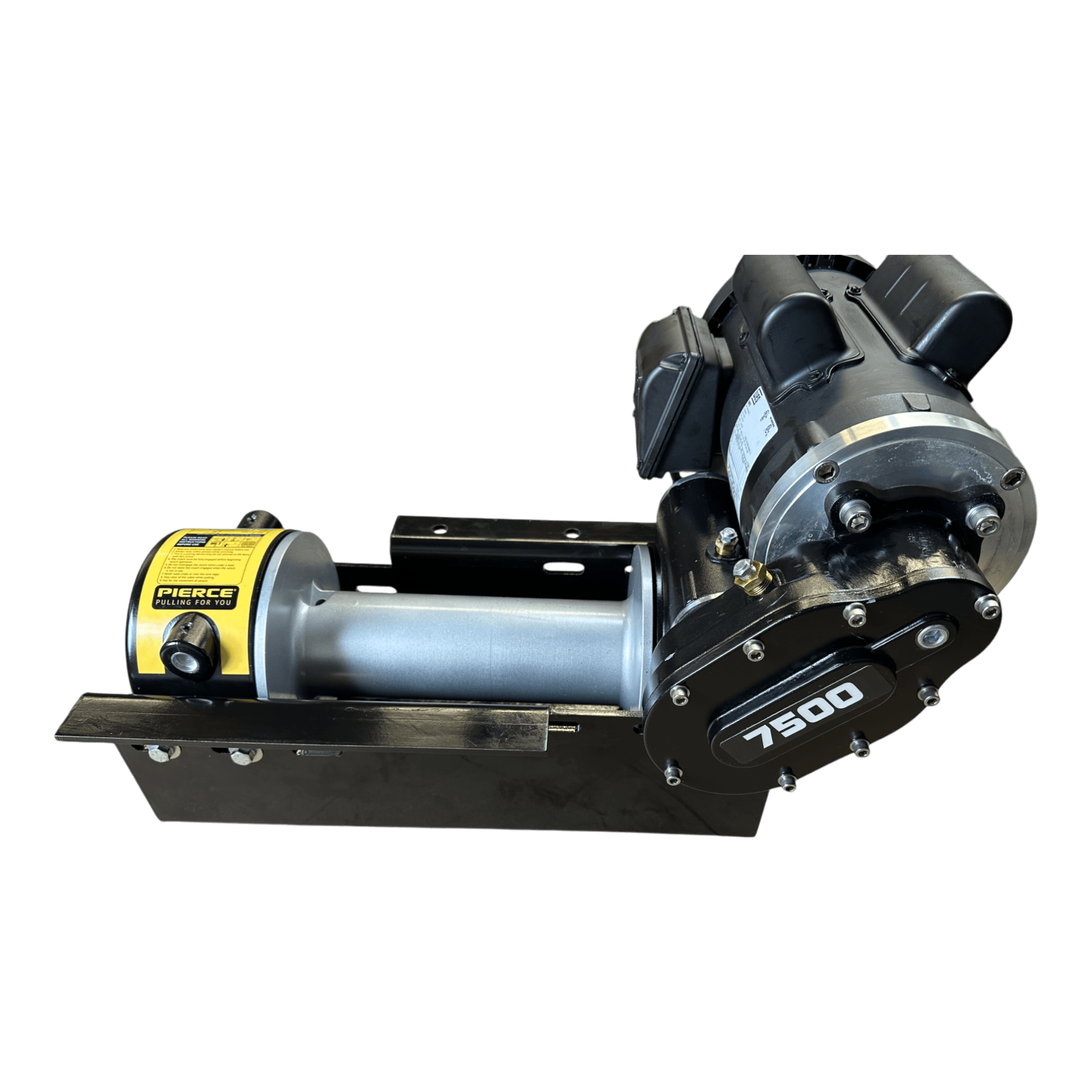 The PIERCE 110V Electric Winch features a worm-gear design, 7,500 lb capacity, 11" drum, and black/silver finish on a durable metal base.