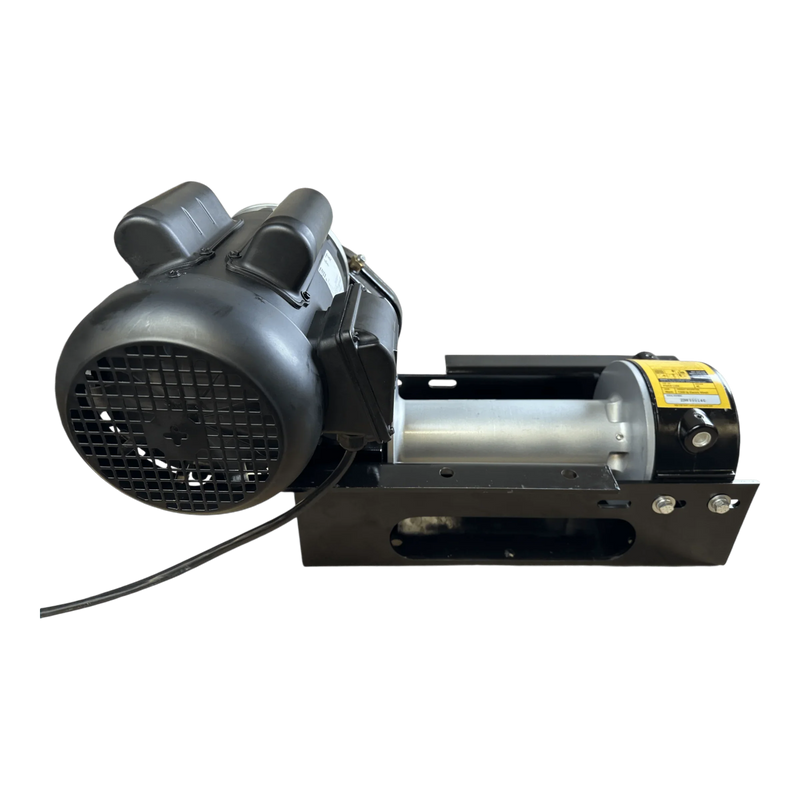 The PIERCE 110V Electric Winch – 7,500 lb, 11" Drum by PIERCE features a black and silver design with a sturdy worm-gear mechanism on a black mounting base, shown from the side.