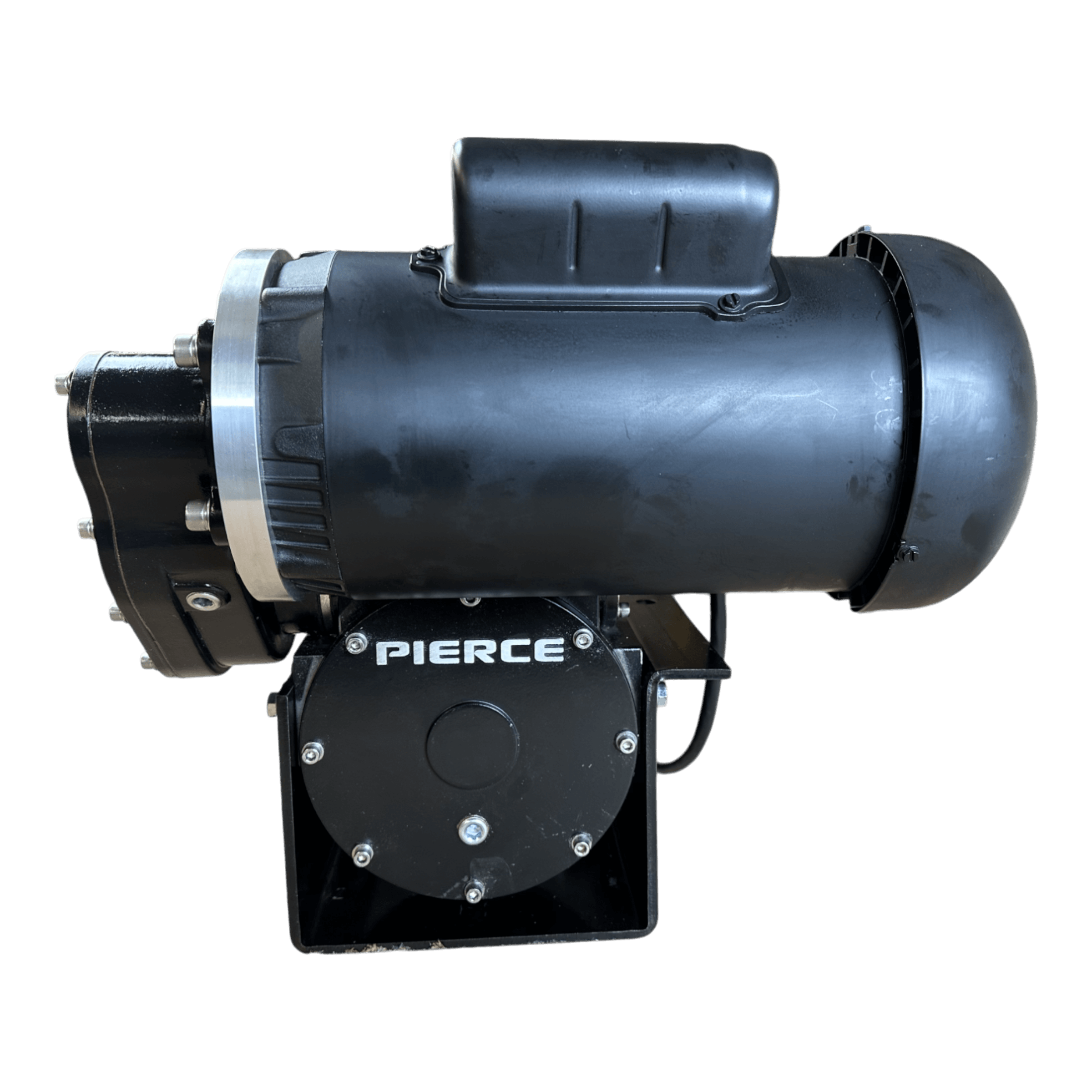 The PIERCE 110V Electric Winch – 7,500 lb, 11" Drum is a black industrial winch with cylindrical and box components on a white background, ideal for heavy-duty tasks.