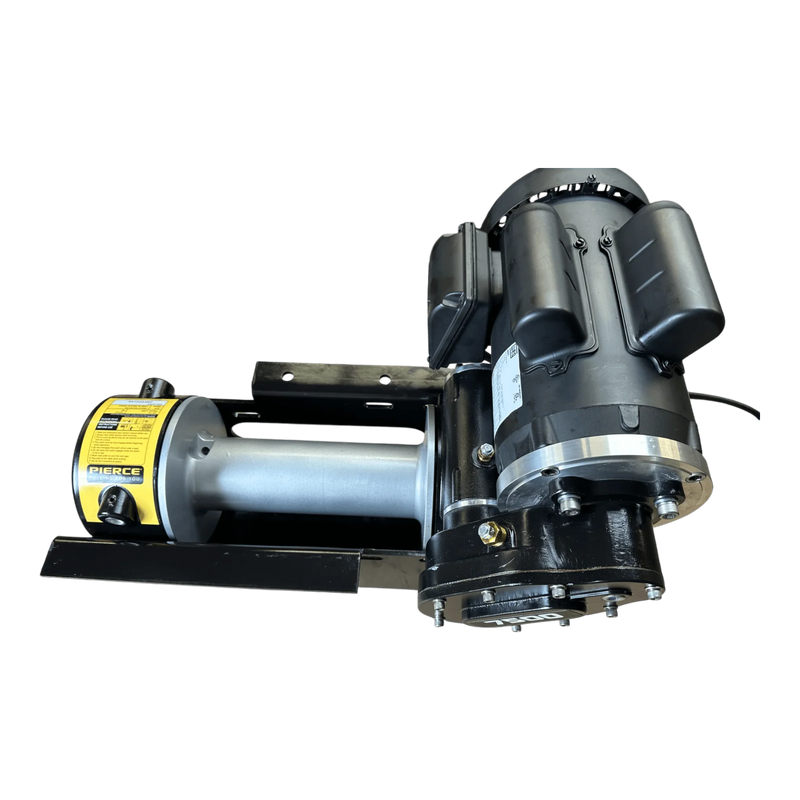 The PIERCE 110V Electric Winch – 7,500 lb, 11" Drum by PIERCE features a black and silver design with a yellow label, metal frame, and efficient worm-gear mechanism for industrial use.