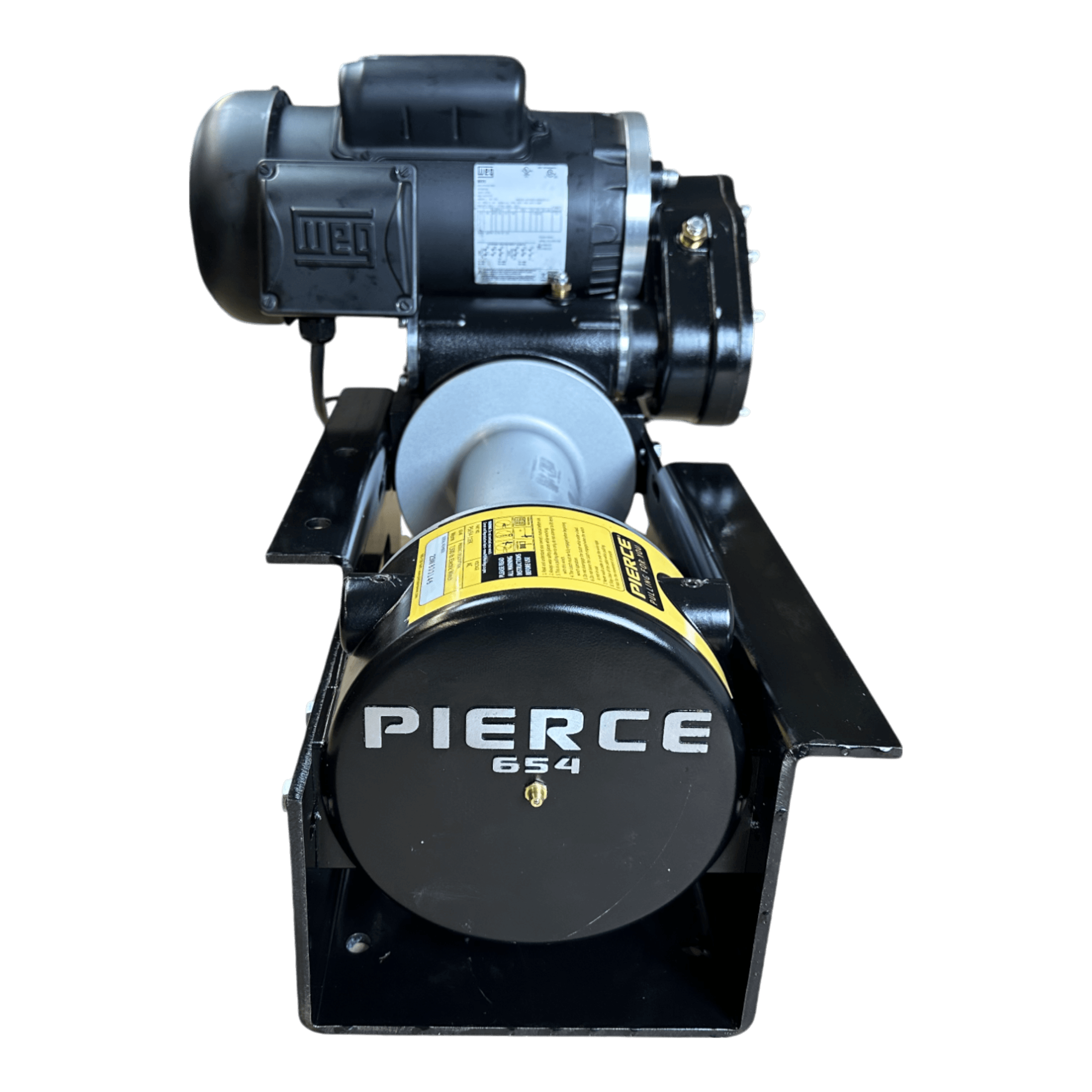 Black PIERCE 110V Electric Winch with “PIERCE 654” label on the front, viewed from the end; features a powerful motor and an 11" drum with a 7,500 lb pulling capacity.