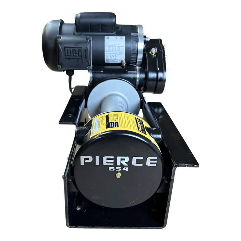 Black PIERCE 110V Electric Winch with “PIERCE 654” label on the front, viewed from the end; features a powerful motor and an 11" drum with a 7,500 lb pulling capacity.