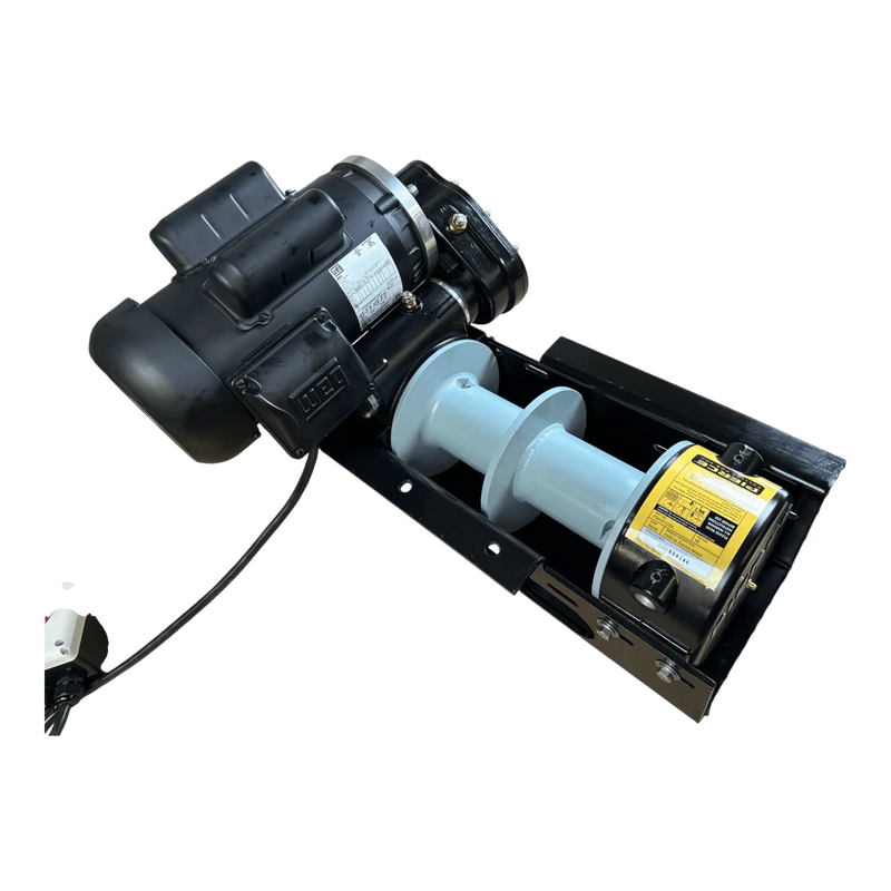 The PIERCE 110V Electric Winch—7,500 lb capacity with an 11" split drum—features a metal spool, control box, and safety label, all on a black base for reliable heavy-duty lifting. Brand: PIERCE.