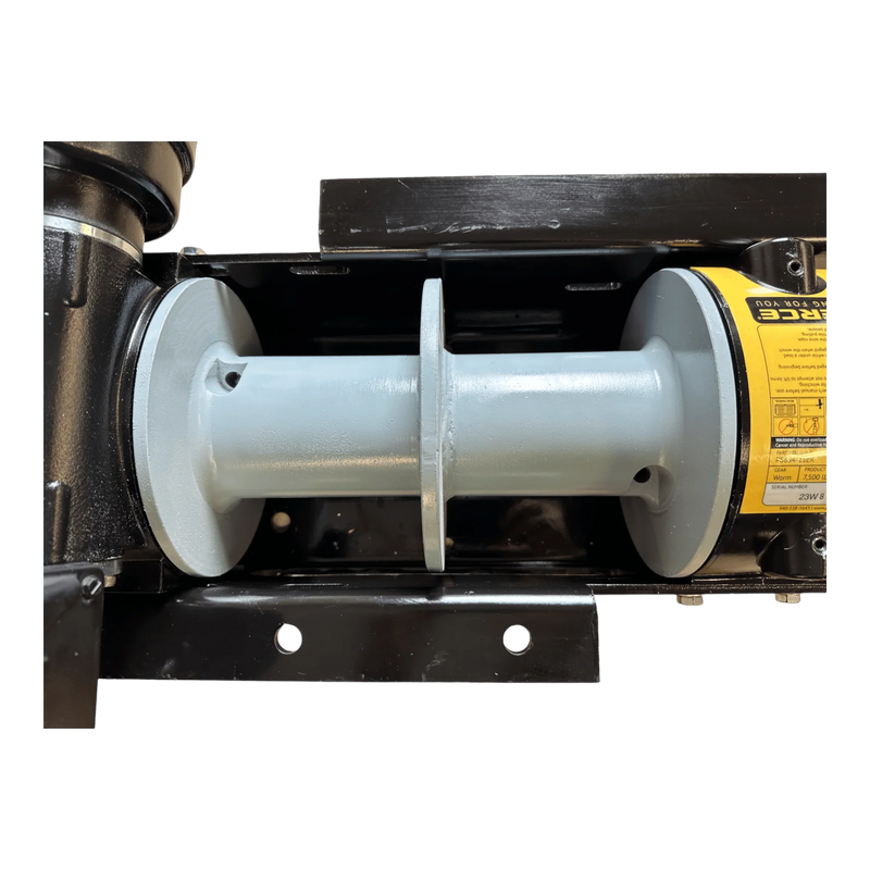 Close-up of a PIERCE 110V Electric Winch—7,500 lb, 11" Split Drum—showing metal components and a yellow label on the right side, featured as part of a dual cable winch system.