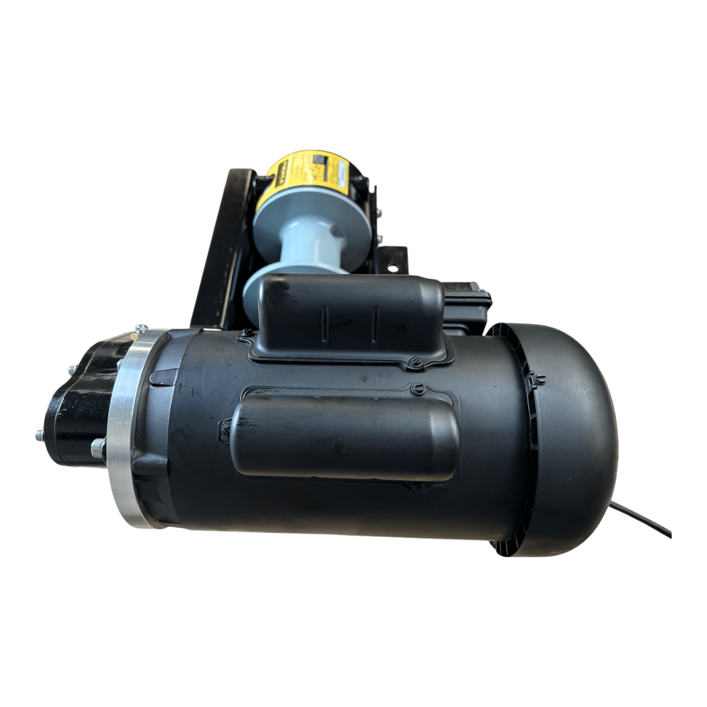 The PIERCE 110V Electric Winch – 7,500 lb, 11" Split Drum is a black and gray cylindrical electric motor assembly with wiring, seen from the side; perfect for heavy-duty winching. Brand: PIERCE.