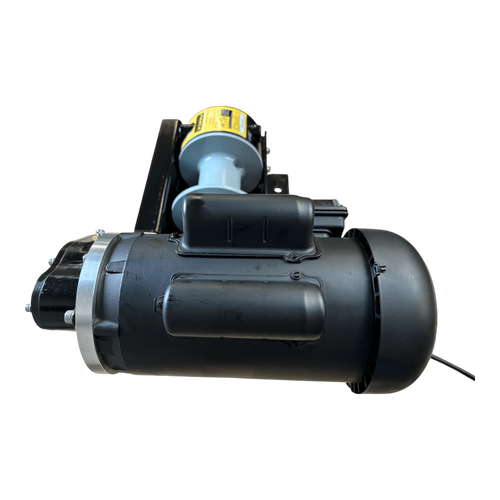 The PIERCE 110V Electric Winch – 7,500 lb, 11" Split Drum is a black and gray cylindrical electric motor assembly with wiring, seen from the side; perfect for heavy-duty winching. Brand: PIERCE.