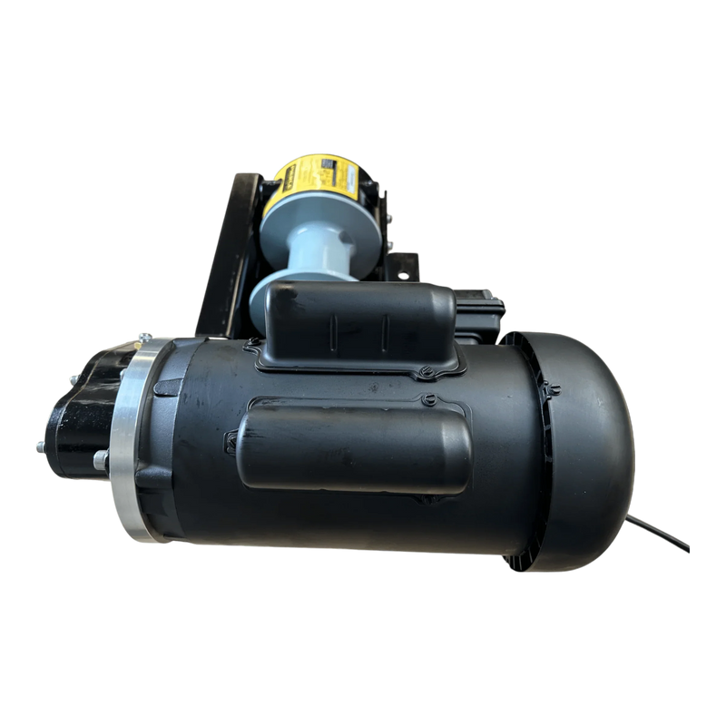 The PIERCE 110V Electric Winch – 7,500 lb, 11" Split Drum is a black and gray cylindrical electric motor assembly with wiring, seen from the side; perfect for heavy-duty winching. Brand: PIERCE.