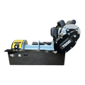 Side view of the PIERCE 110V Electric Winch – 7,500 lb, featuring a black and silver design, yellow warning label, split drum, and electric worm-gear mechanism.