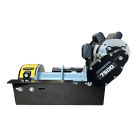 Side view of the PIERCE 110V Electric Winch – 7,500 lb, featuring a black and silver design, yellow warning label, split drum, and electric worm-gear mechanism.