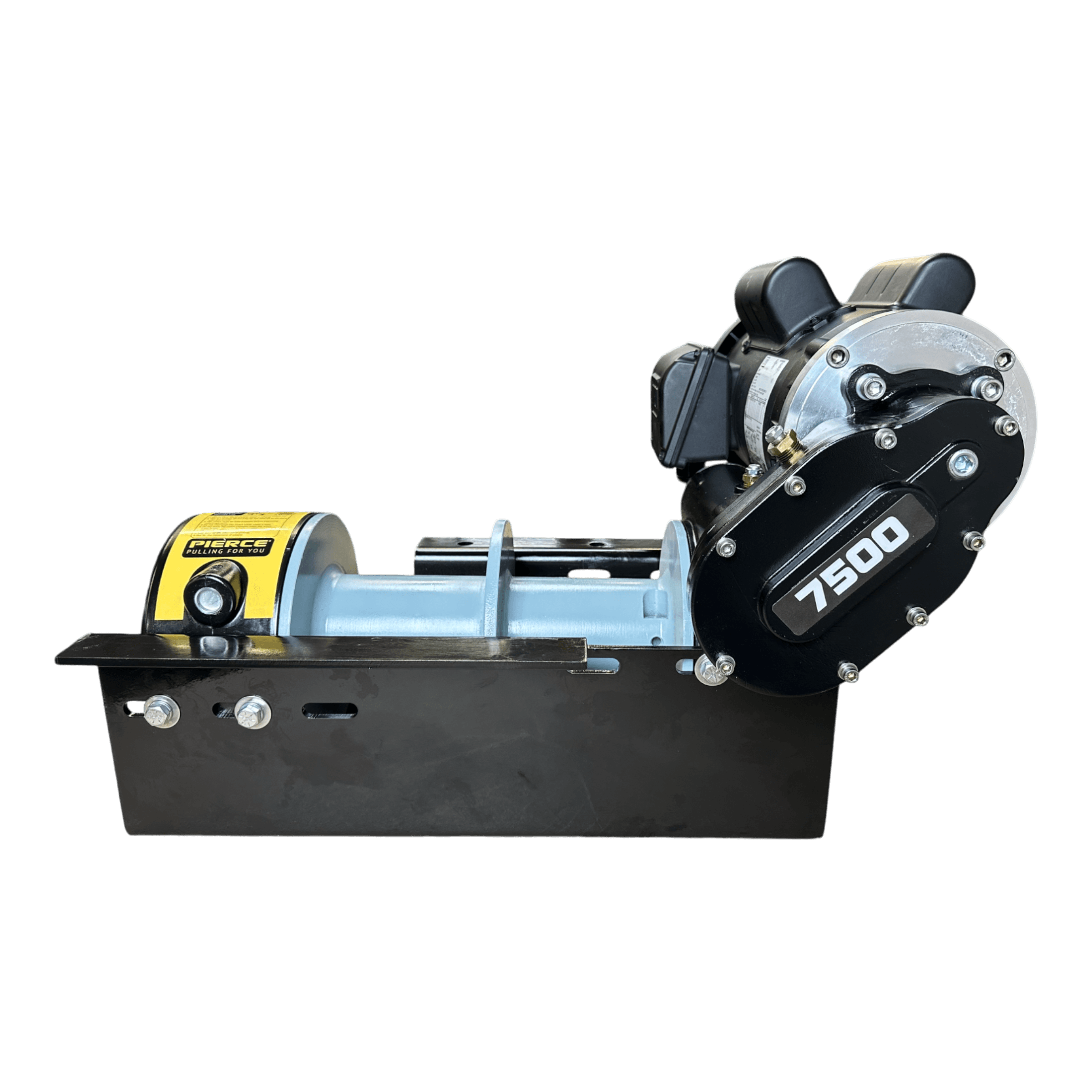 Side view of the PIERCE 110V Electric Winch – 7,500 lb, featuring a black and silver design, yellow warning label, split drum, and electric worm-gear mechanism.