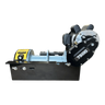 Side view of the PIERCE 110V Electric Winch – 7,500 lb, featuring a black and silver design, yellow warning label, split drum, and electric worm-gear mechanism.