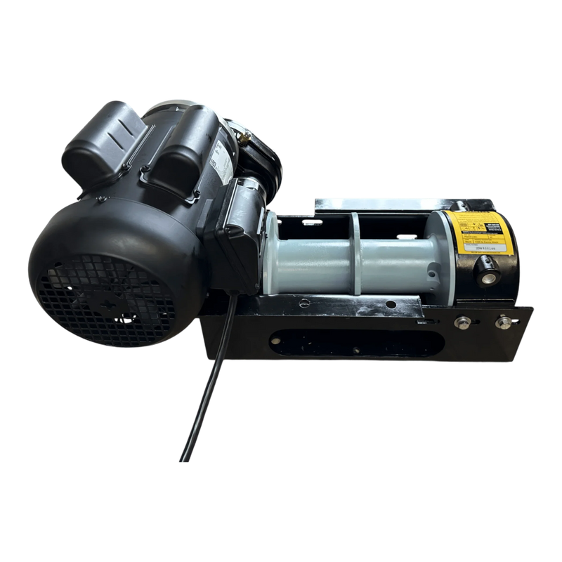 The PIERCE 110V Electric Winch – 7,500 lb with an 11" split drum is shown from the side on a white background, featuring a metal drum and black base.