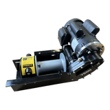 The PIERCE 110V Electric Winch – 7,500 lb, from Internal - Pierce Assembly Team, features a black frame with a yellow label and an 8" drum. Shown at an angle, it's designed for heavy-duty lifting and pulling tasks.