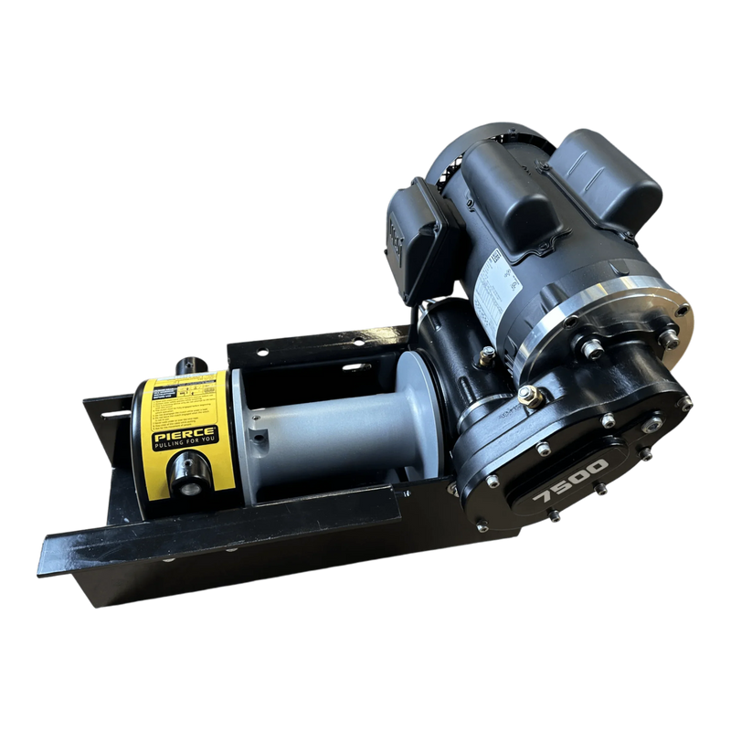The PIERCE 110V Electric Winch – 7,500 lb, from Internal - Pierce Assembly Team, features a black frame with a yellow label and an 8" drum. Shown at an angle, it's designed for heavy-duty lifting and pulling tasks.