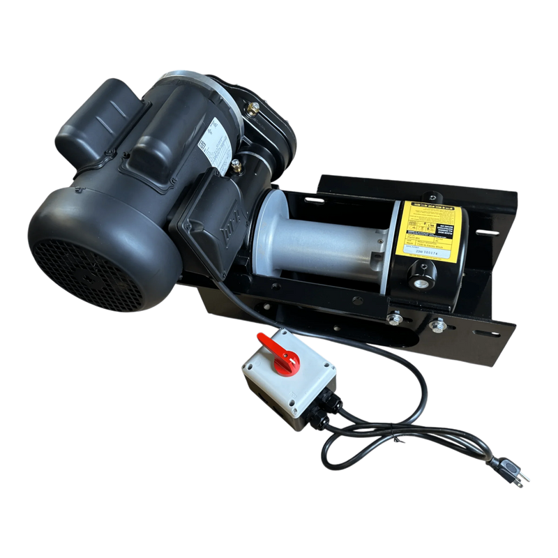 The PIERCE 110V Electric Winch – 7,500 lb, from Internal - Pierce Assembly Team, features an 8" drum, black mounting frame, and wired control box. Displayed on a white background.