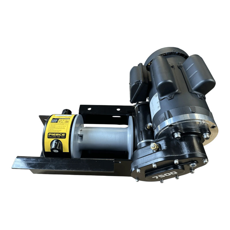 The PIERCE 110V Electric Winch – 7,500 lb, 8" Drum by Internal - Pierce Assembly Team features a yellow label, black mounting plate, and cylindrical drum—an ideal industrial winch for heavy-duty use.