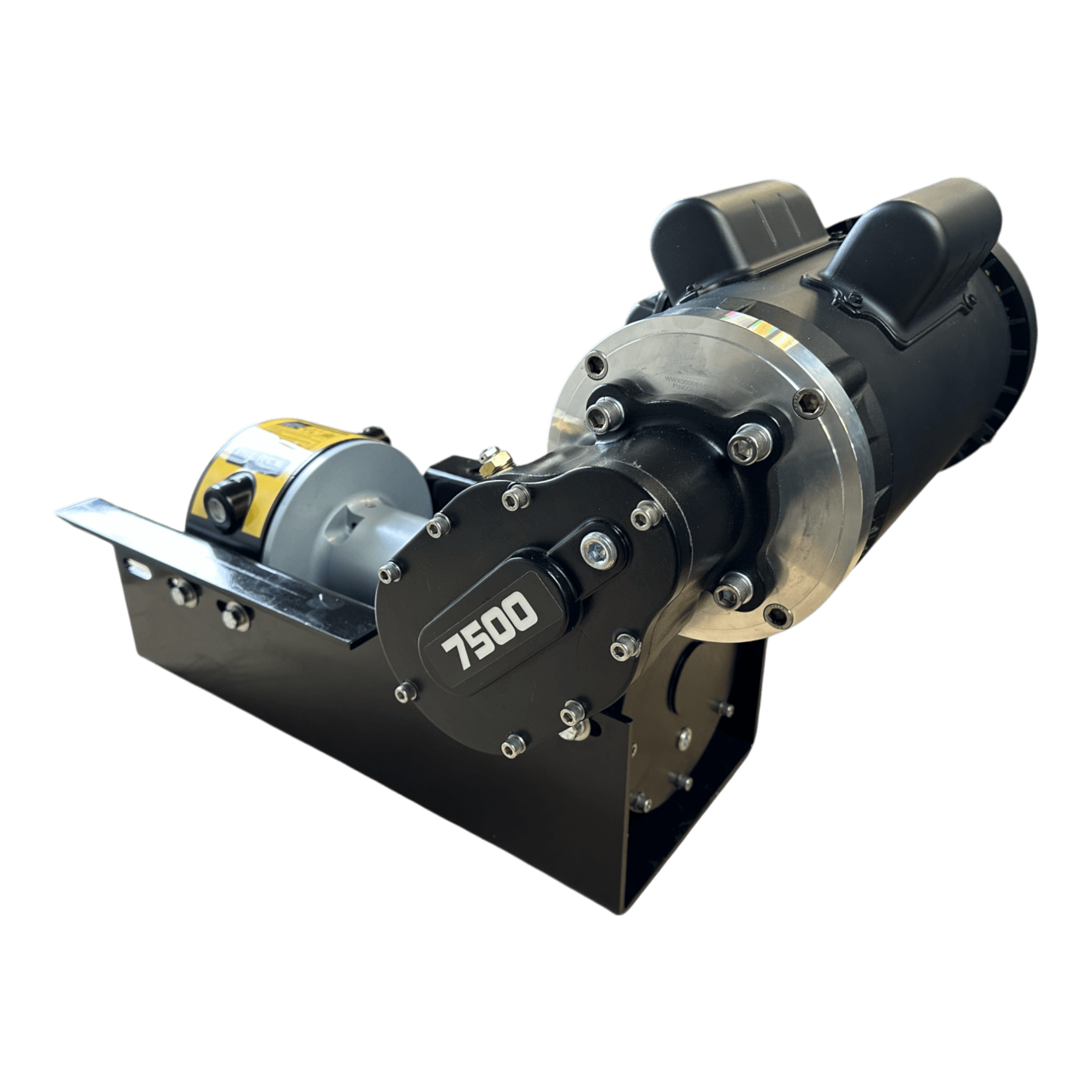 PIERCE 110V Electric Winch – 7,500 lb, 8" Drum by Pierce Assembly Team, shown with pulling capacity on the gear cover and mounted on a black metal base, isolated on a white background.