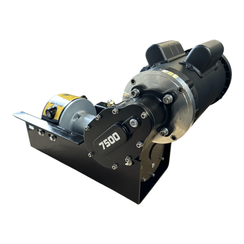 PIERCE 110V Electric Winch – 7,500 lb, 8" Drum by Pierce Assembly Team, shown with pulling capacity on the gear cover and mounted on a black metal base, isolated on a white background.