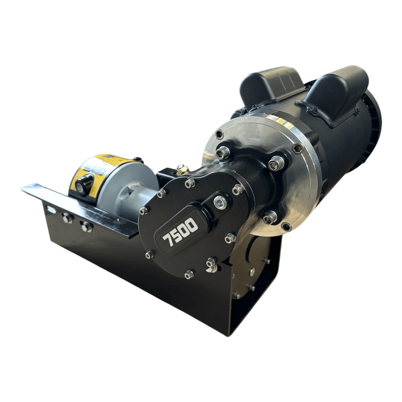 PIERCE 110V Electric Winch – 7,500 lb, 8" Drum by Pierce Assembly Team, shown with pulling capacity on the gear cover and mounted on a black metal base, isolated on a white background.