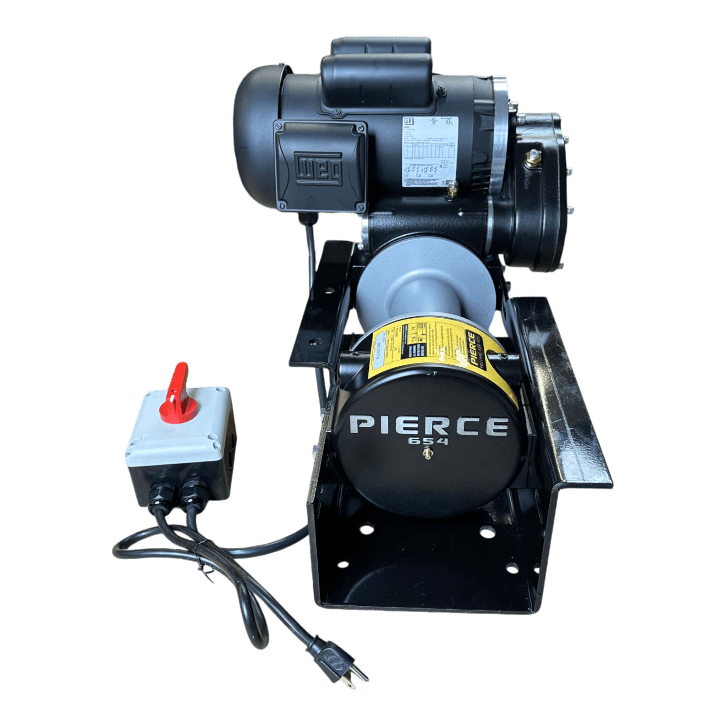 Black PIERCE 110V Electric Winch – 7,500 lb with power switch and cord on a metal mounting bracket, made by the Pierce Assembly Team, featuring an 8" drum and shown isolated on white.