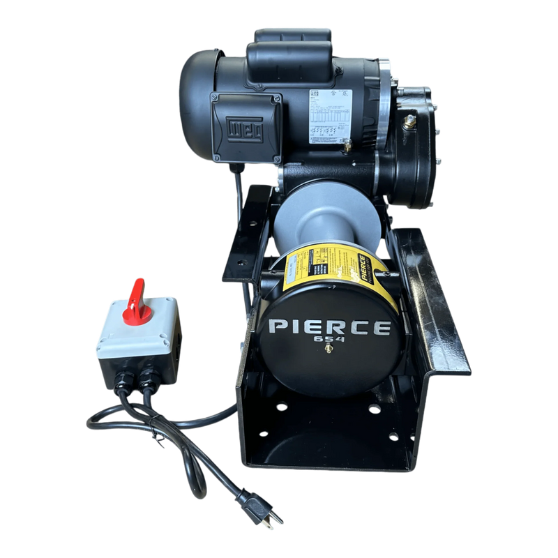 Black PIERCE 110V Electric Winch – 7,500 lb with power switch and cord on a metal mounting bracket, made by the Pierce Assembly Team, featuring an 8" drum and shown isolated on white.