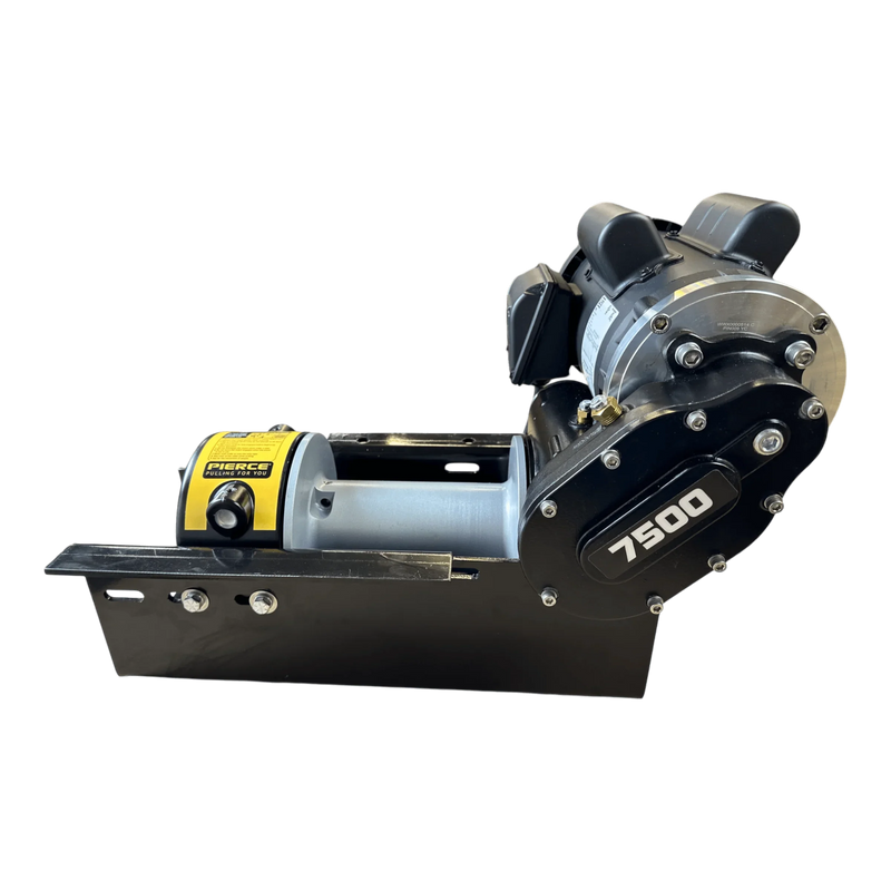 The PIERCE 110V Electric Winch – 7,500 lb, by Pierce Assembly Team, features an 8" drum and mounts on a black metal base; shown from the side, it delivers reliable industrial strength for a range of applications.