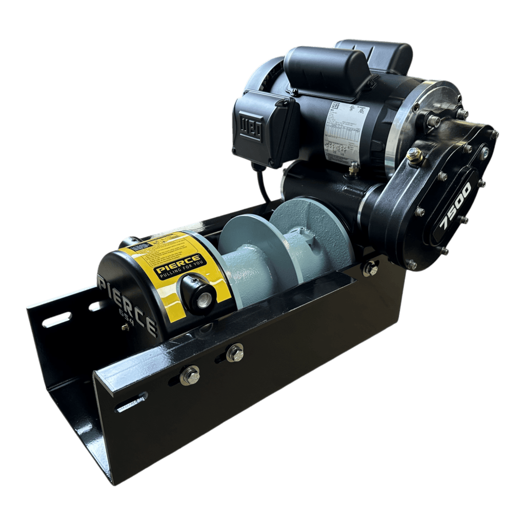 The PIERCE 110V Electric Winch (7,500 lb, 8" split drum) by PIERCE features dual pull points, a yellow label, and is mounted on a black metal base, shown from the front.