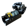 The PIERCE 110V Electric Winch (7,500 lb, 8" split drum) by PIERCE features dual pull points, a yellow label, and is mounted on a black metal base, shown from the front.