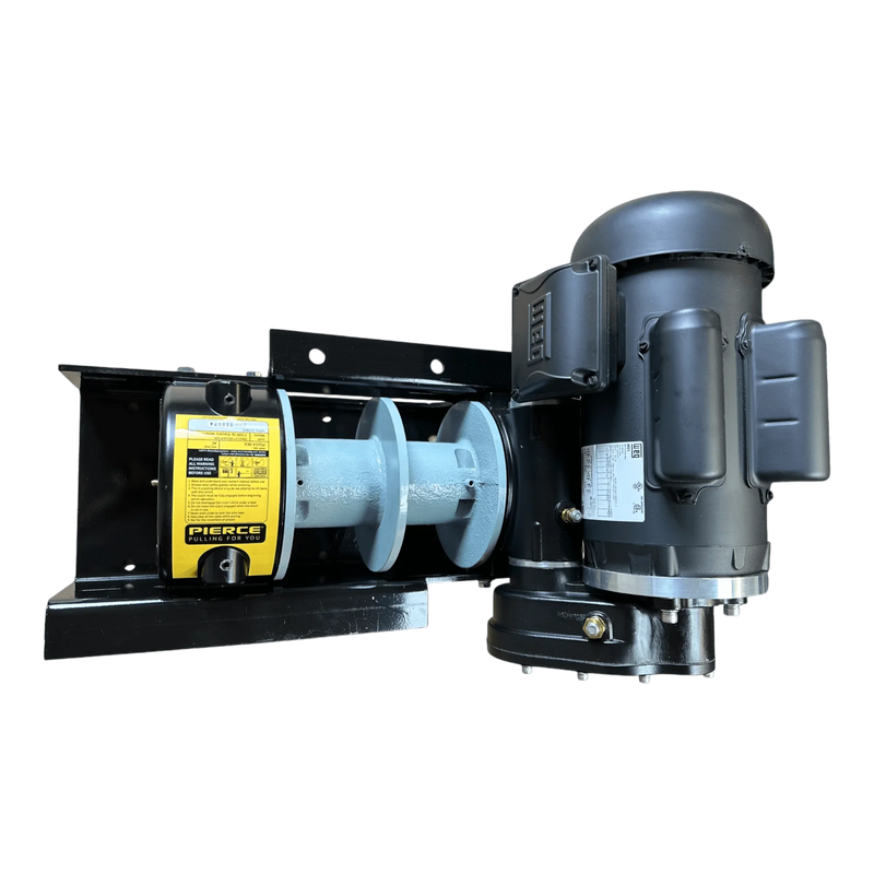 The PIERCE 110V Electric Winch – 7,500 lb, with an 8" split drum, features a yellow label motor on a black metal frame. The PIERCE brand winch is shown against a white background.