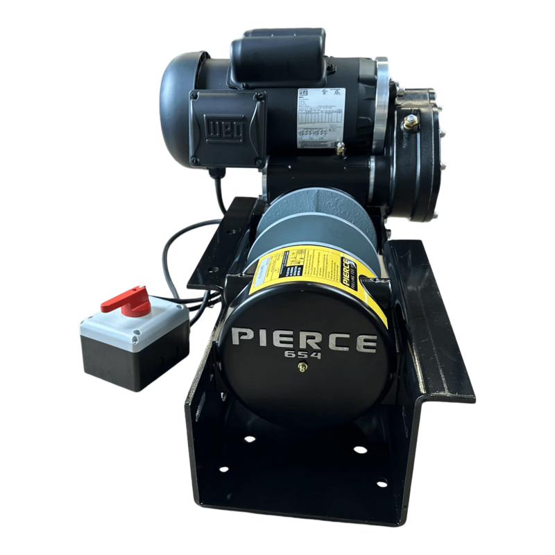 PIERCE 110V Electric Winch with 7,500 lb capacity and 8" split drum, includes control switch, mounted on metal base with dual pull points.