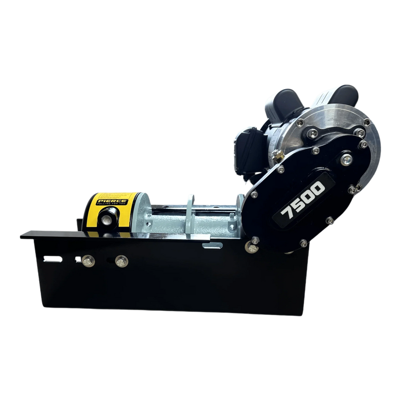 The PIERCE 110V Electric Winch – 7,500 lb, featuring an 8" split drum and dual pull points with a black mounting plate, is shown on a plain white background. The PIERCE brand name and "7500" label appear on the winch side.