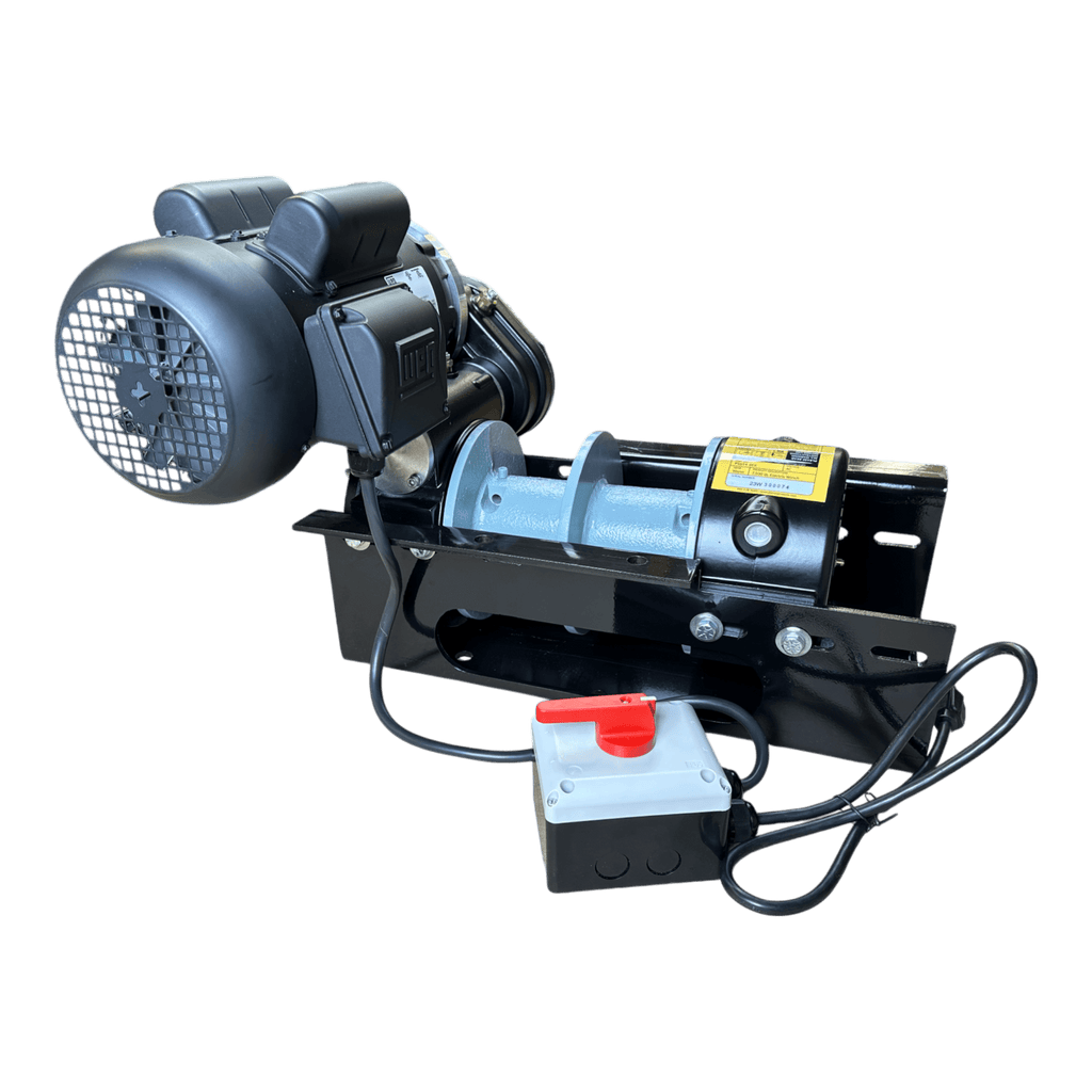 The PIERCE 110V Electric Winch – 7,500 lb, 8" Split Drum features a metal cable, motor, black base, wired remote control, and dual pull points for versatility.