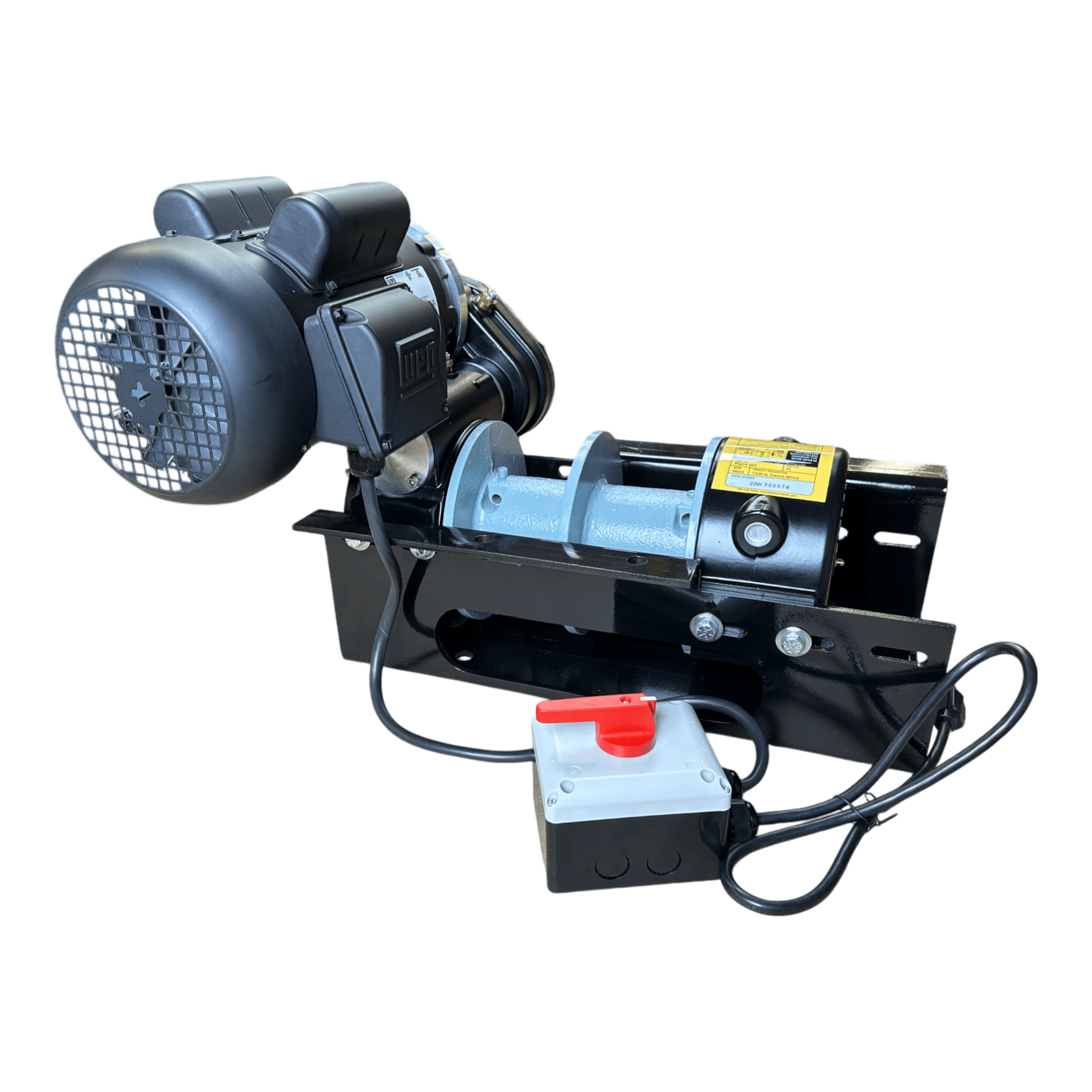 The PIERCE 110V Electric Winch – 7,500 lb, 8" Split Drum features a metal cable, motor, black base, wired remote control, and dual pull points for versatility.