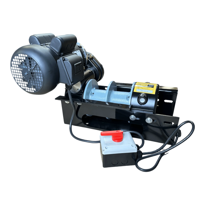 The PIERCE 110V Electric Winch – 7,500 lb, 8" Split Drum features a metal cable, motor, black base, wired remote control, and dual pull points for versatility.