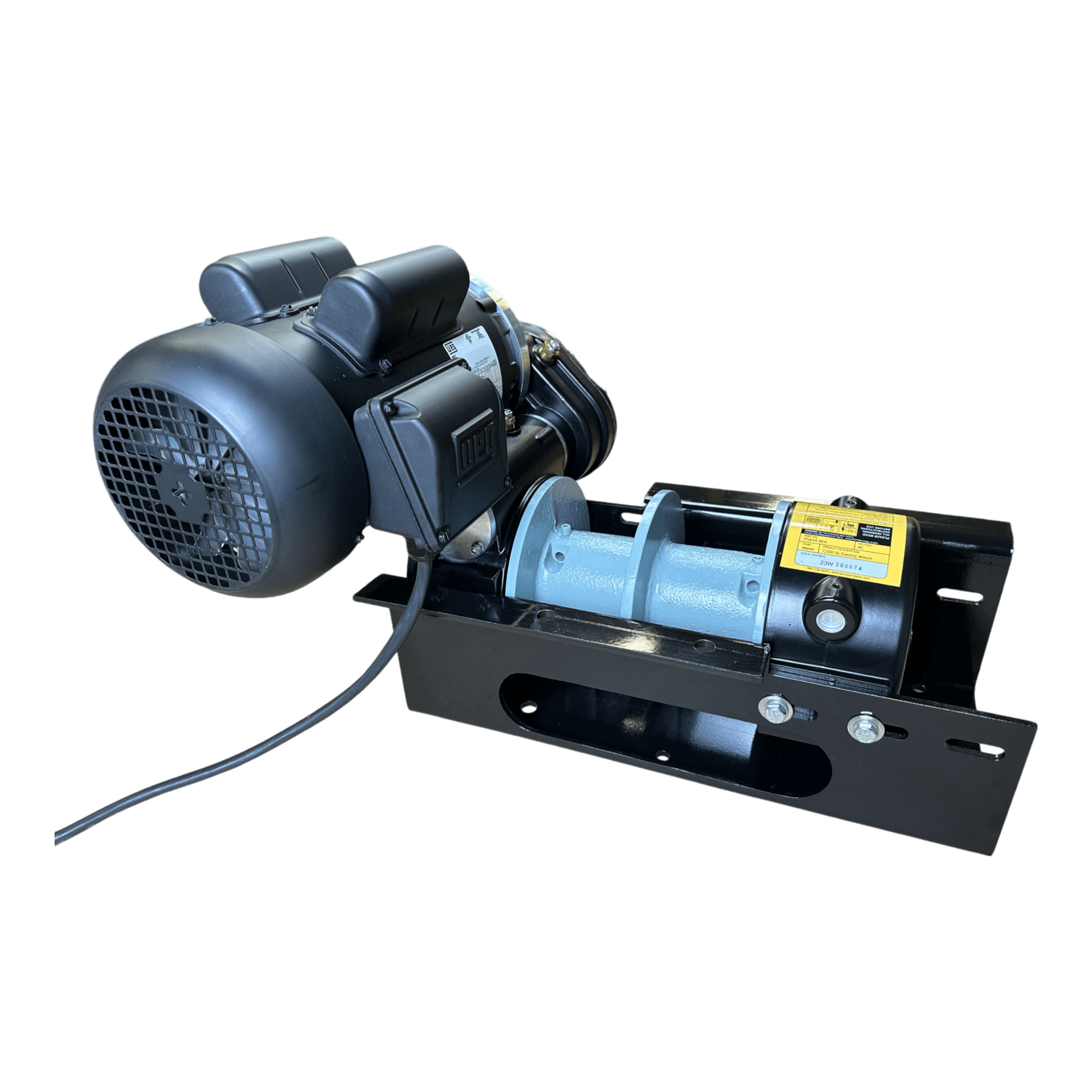 The PIERCE 110V Electric Winch – 7,500 lb features a black motor, metal 8" split drum, and dual pull points, all mounted on a black base. Shown on a white background.