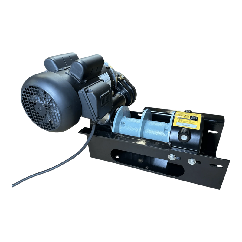 The PIERCE 110V Electric Winch – 7,500 lb features a black motor, metal 8" split drum, and dual pull points, all mounted on a black base. Shown on a white background.