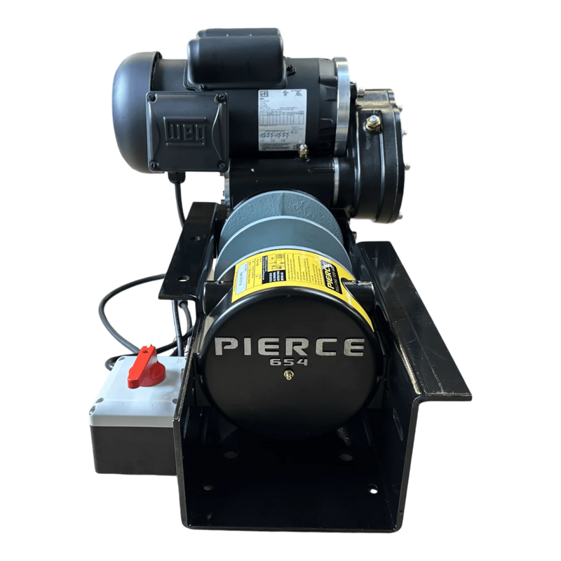 PIERCE 110V Electric Winch – 7,500 lb, with an 8" split drum and dual pull points by PIERCE, shown with clear labeling and mounted on a metal base against a white background.