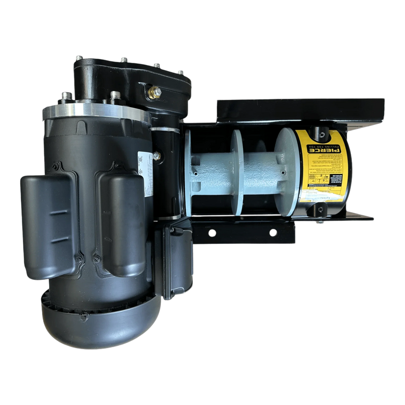 The PIERCE 110V Electric Winch – 7,500 lb, 8" Split Drum features a black industrial design with exposed metal parts and a yellow label, dual pull points, and is mounted on a black metal bracket.