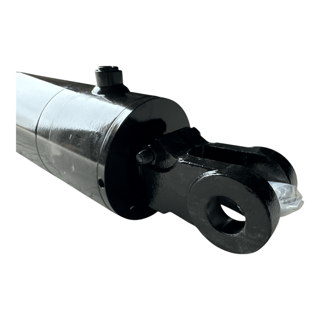 Close-up of a PIERCE welded hydraulic cylinder with a 5-inch bore and 14-inch stroke, designed for flatbed dump kits, shown against a white background.
