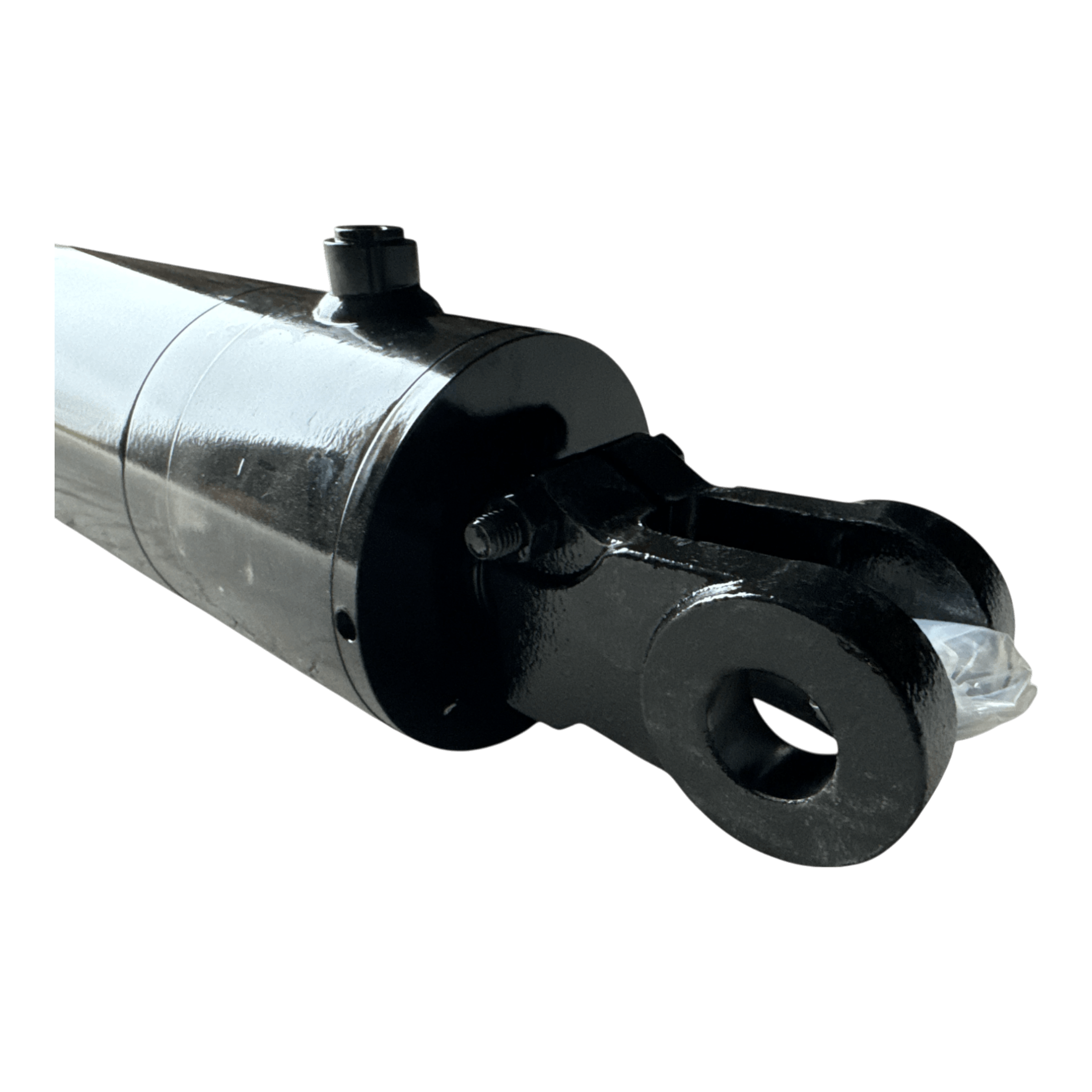 Close-up of a PIERCE welded hydraulic cylinder with a 5-inch bore and 14-inch stroke, designed for flatbed dump kits, shown against a white background.
