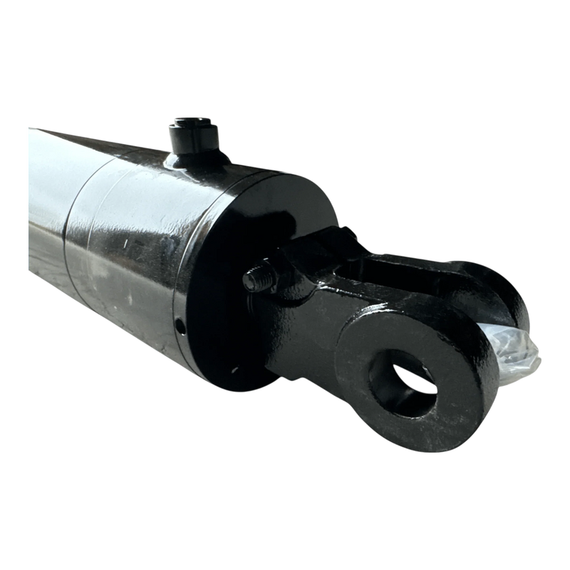 Close-up of a PIERCE welded hydraulic cylinder with a 5-inch bore and 14-inch stroke, designed for flatbed dump kits, shown against a white background.
