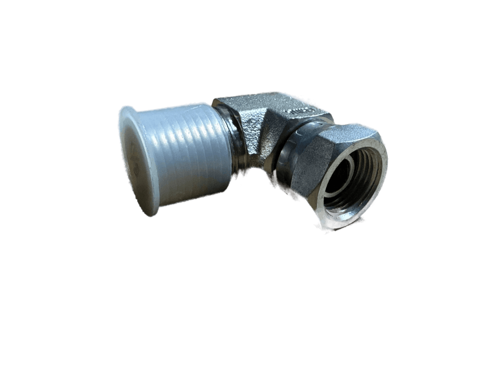 The PIERCE Hydraulics Fitting - Pipe Thread - Swivel (Male 1/2 in x Female 3/8 in, 90 Degrees) is shown on a white background, ideal for hydraulic applications with its threaded and ribbed connector design.