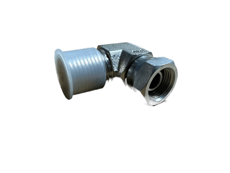 The PIERCE Hydraulics Fitting - Pipe Thread - Swivel (Male 1/2 in x Female 3/8 in, 90 Degrees) is shown on a white background, ideal for hydraulic applications with its threaded and ribbed connector design.
