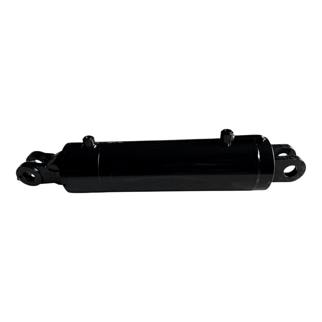PIERCE welded hydraulic cylinder with 5-inch bore and 14-inch stroke, featuring mounting points on both ends, ideal for flatbed dump kits, shown on a white background.