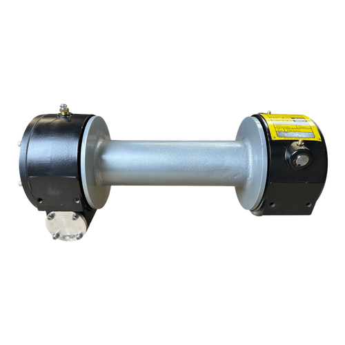 The PIERCE 8,000 lbs. 11" Drum Industrial Hydraulic Winch | Narrow Mount features a black and silver hydraulic actuator, designed for industrial winch systems with an 8,000 lb capacity, displayed against a white background.
