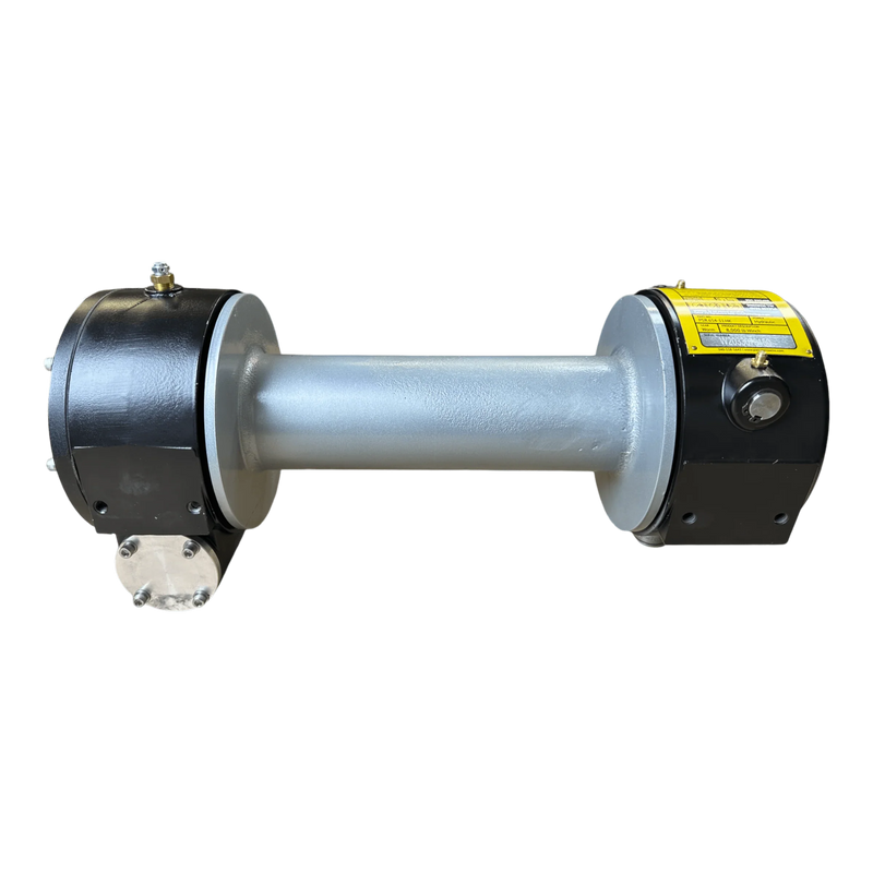 The PIERCE 8,000 lbs. 11" Drum Industrial Hydraulic Winch | Narrow Mount features a black and silver hydraulic actuator, designed for industrial winch systems with an 8,000 lb capacity, displayed against a white background.